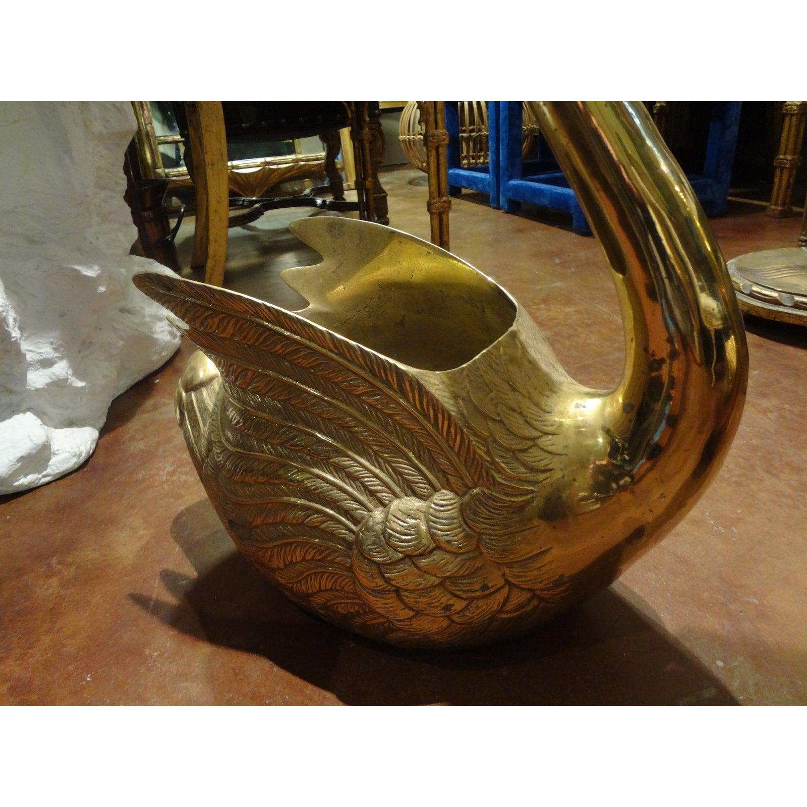 Hollywood Regency Pair of Vintage Brass Swan Planters