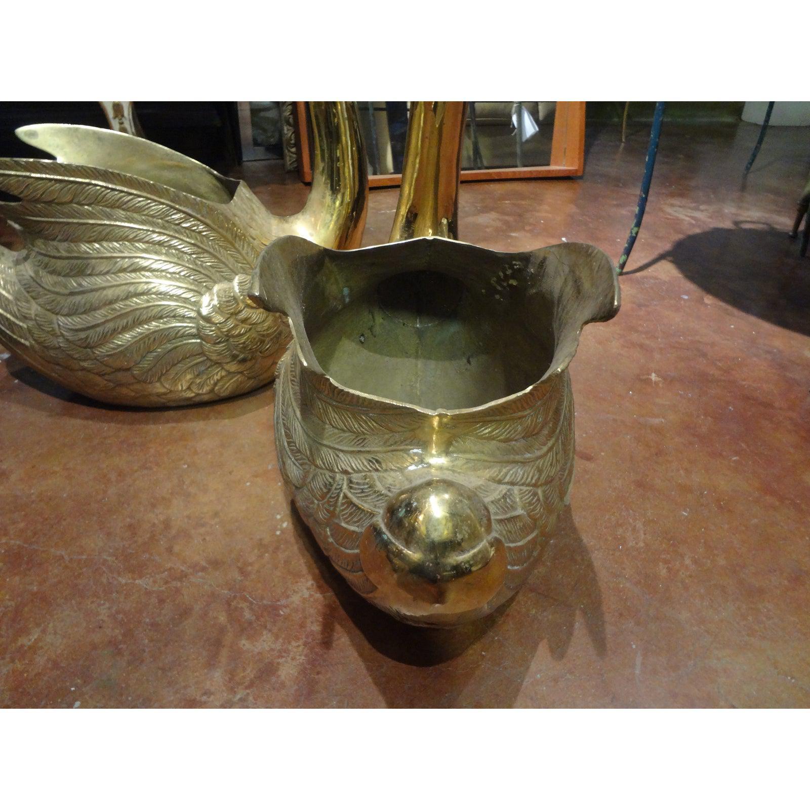 Pair of Vintage Brass Swan Planters In Good Condition In Houston, TX