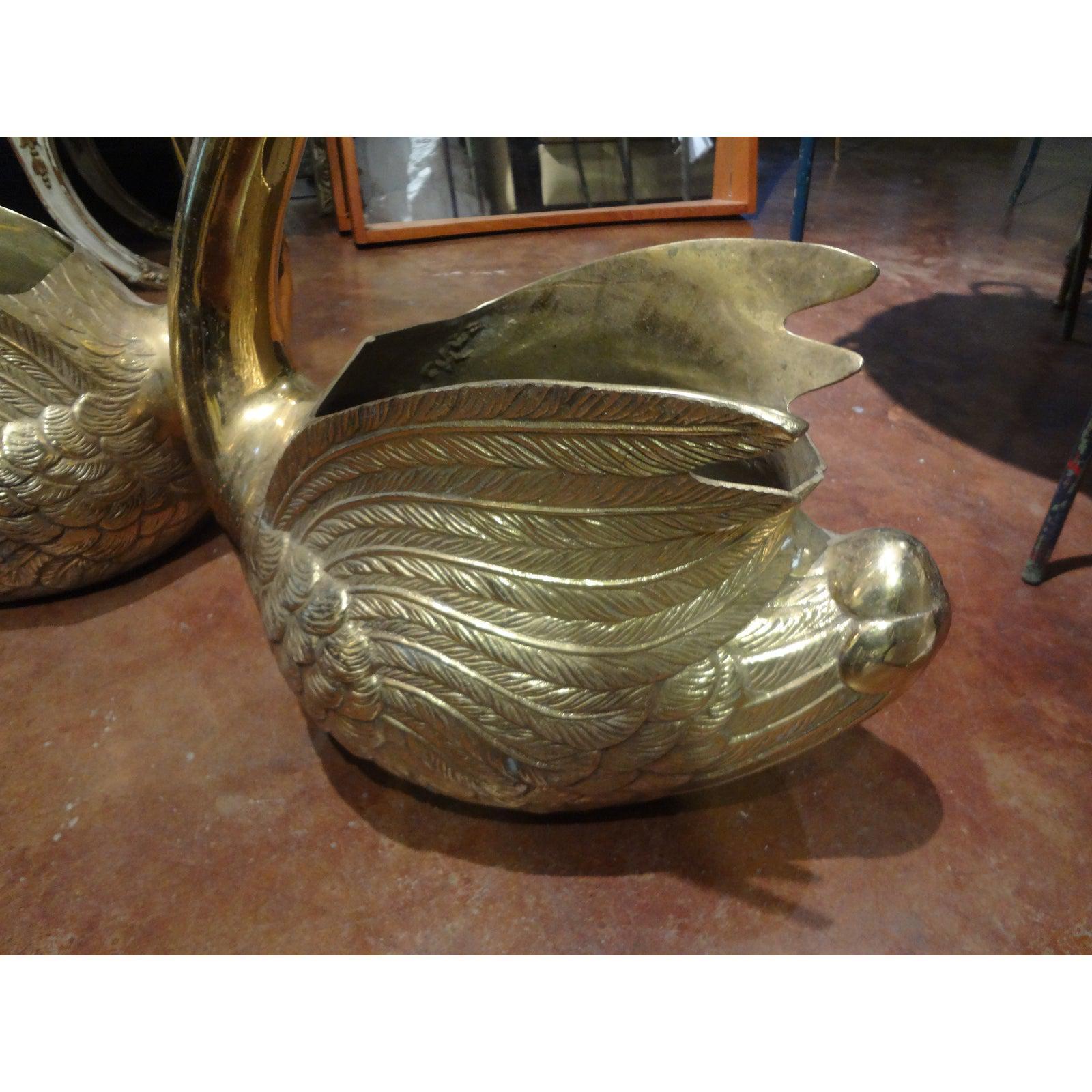 Mid-20th Century Pair of Vintage Brass Swan Planters