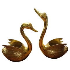 Pair of Vintage Brass Swan Planters