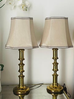 Pair of Vintage Brass Table Lamps with Custom Silk Shades