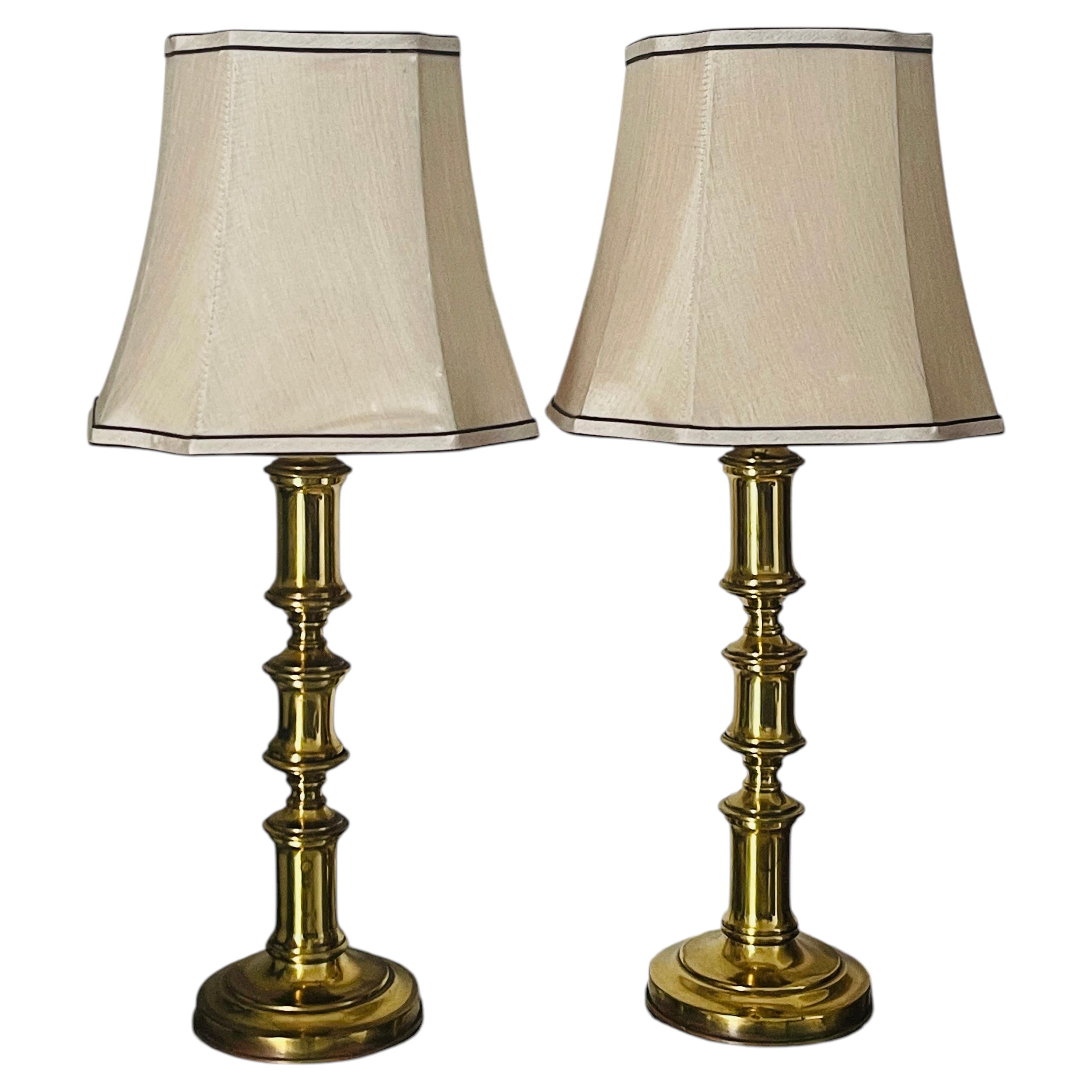 Pair of Vintage Brass Table Lamps with Custom Silk Shades