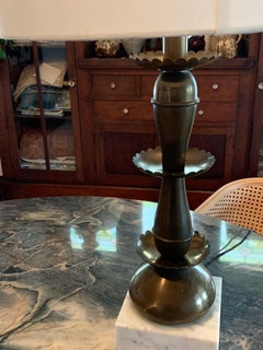 Pair of Vintage Brass Table Lamps with Floral Motif and Marble Base