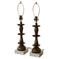 Pair of Retro Brass Table Lamps with Floral Motif and Marble Base