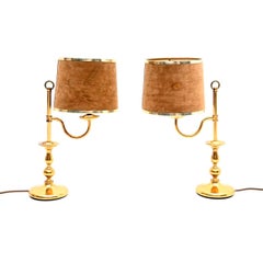 Pair of Vintage Brass Table Lamps with Velvet Shades