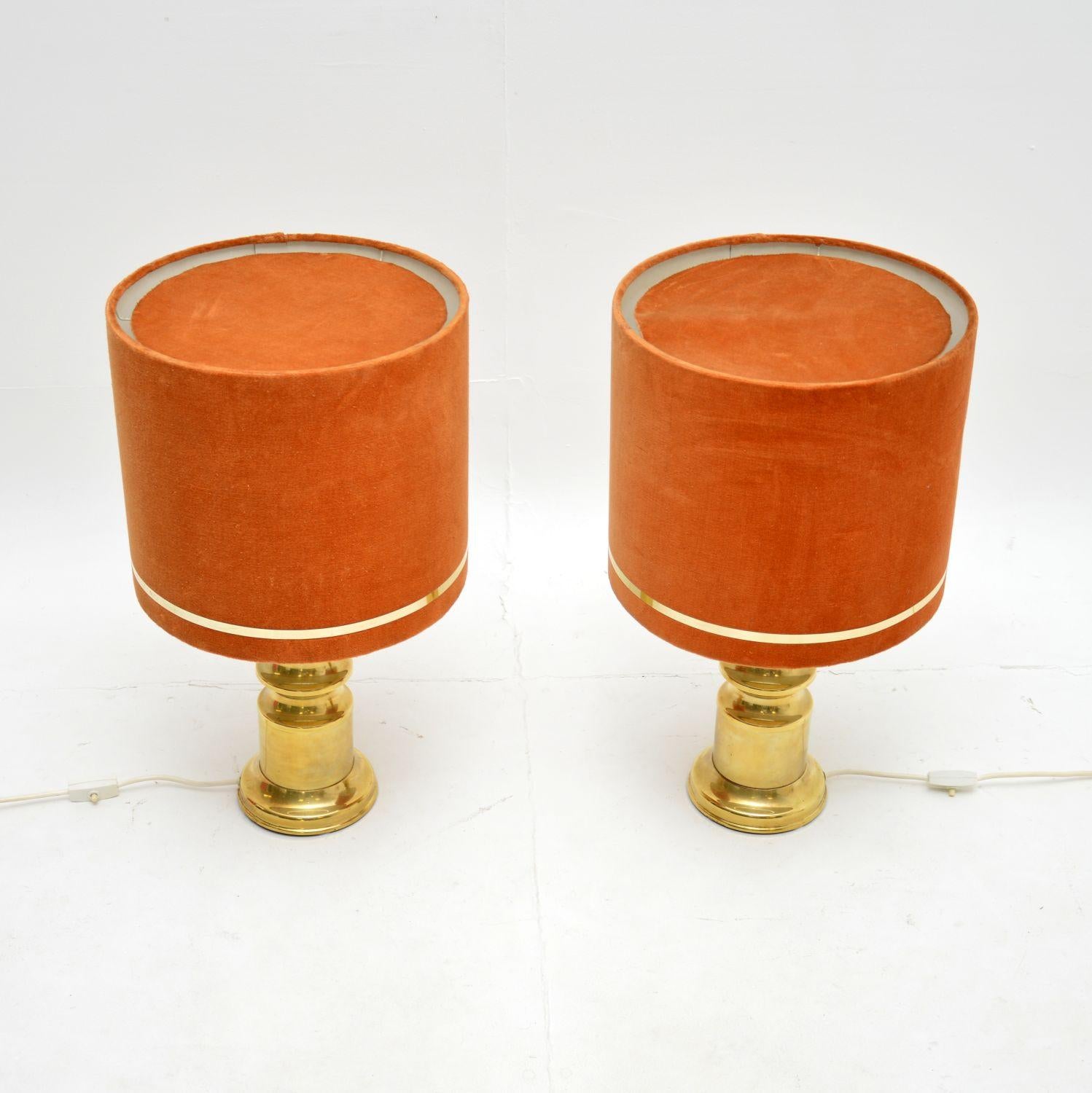 Mid-Century Modern Pair of Vintage Brass Table Lamps with Velvet Shades For Sale