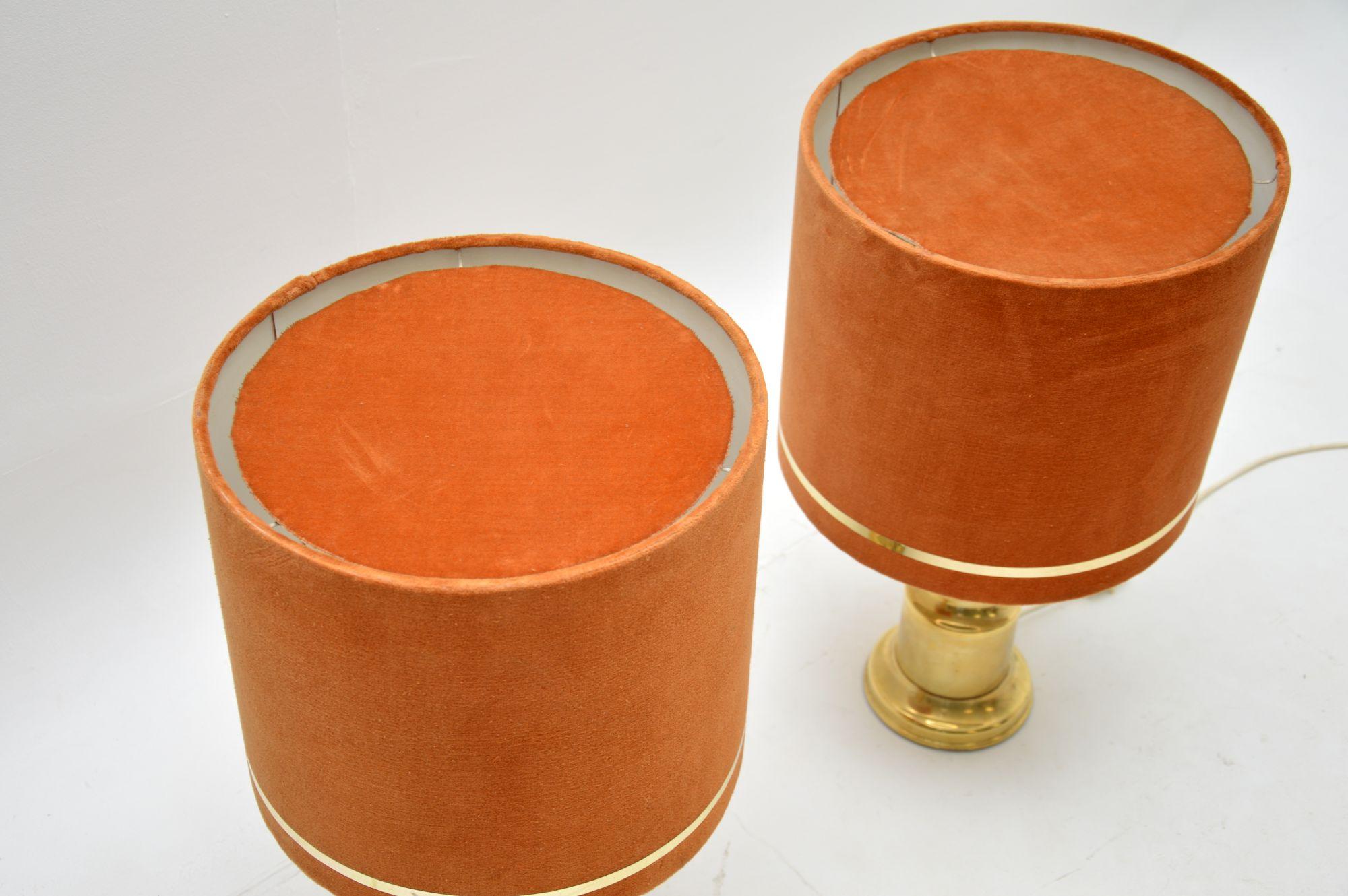 French Pair of Vintage Brass Table Lamps with Velvet Shades For Sale
