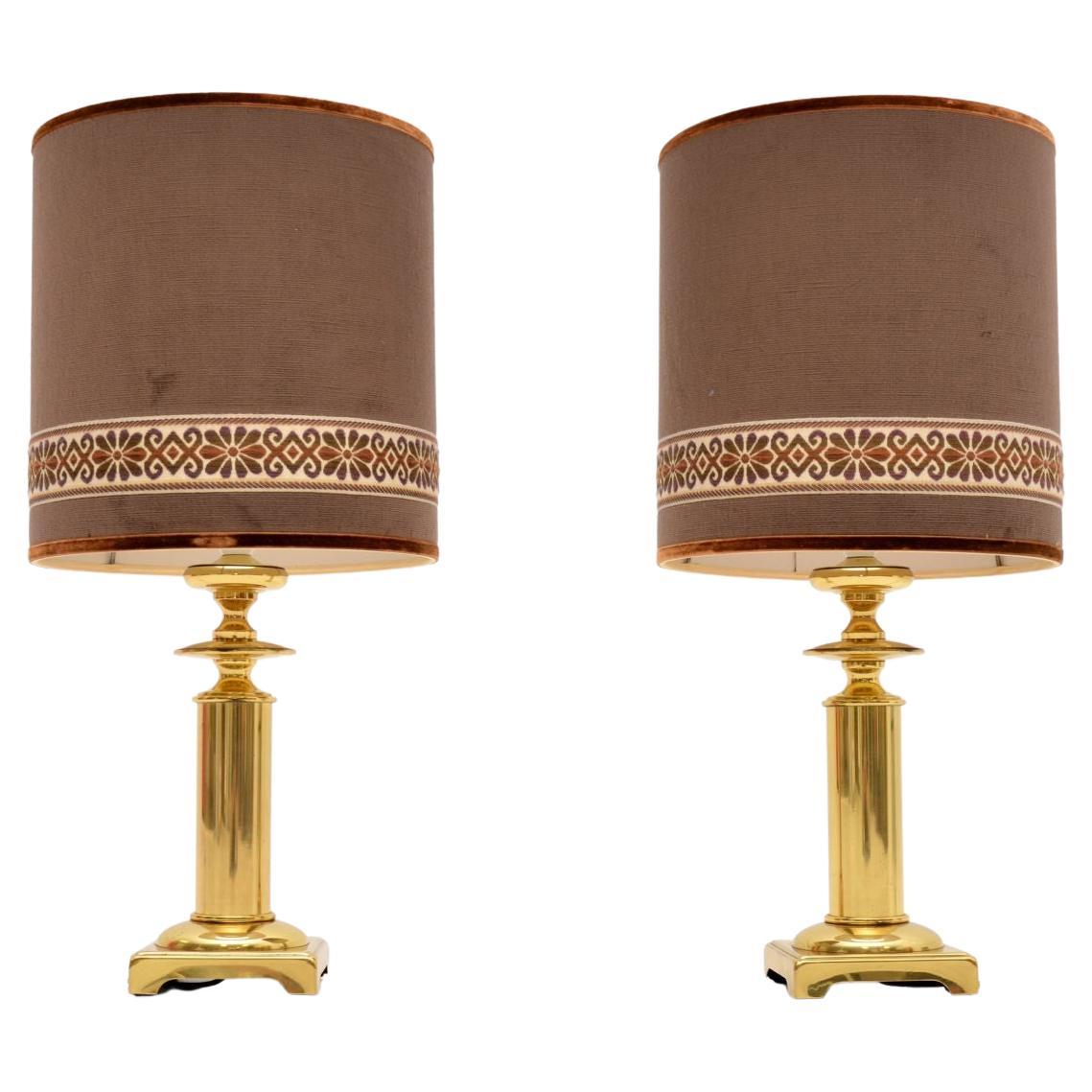Pair of Vintage Brass Table Lamps with Velvet Shades For Sale