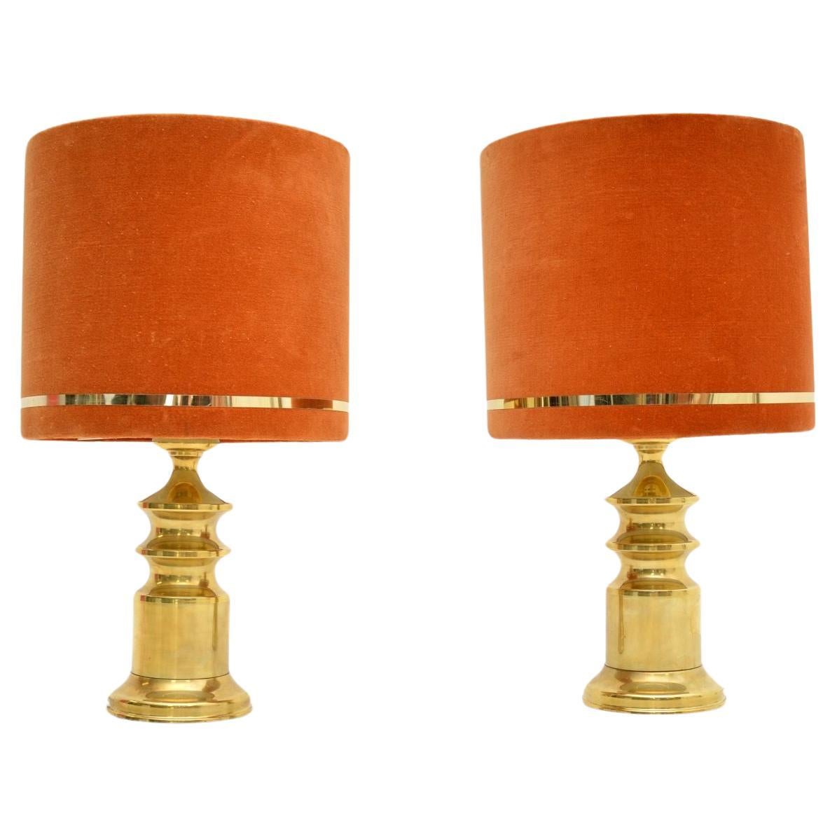 Pair of Vintage Brass Table Lamps with Velvet Shades For Sale