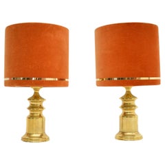 Pair of Retro Brass Table Lamps with Velvet Shades