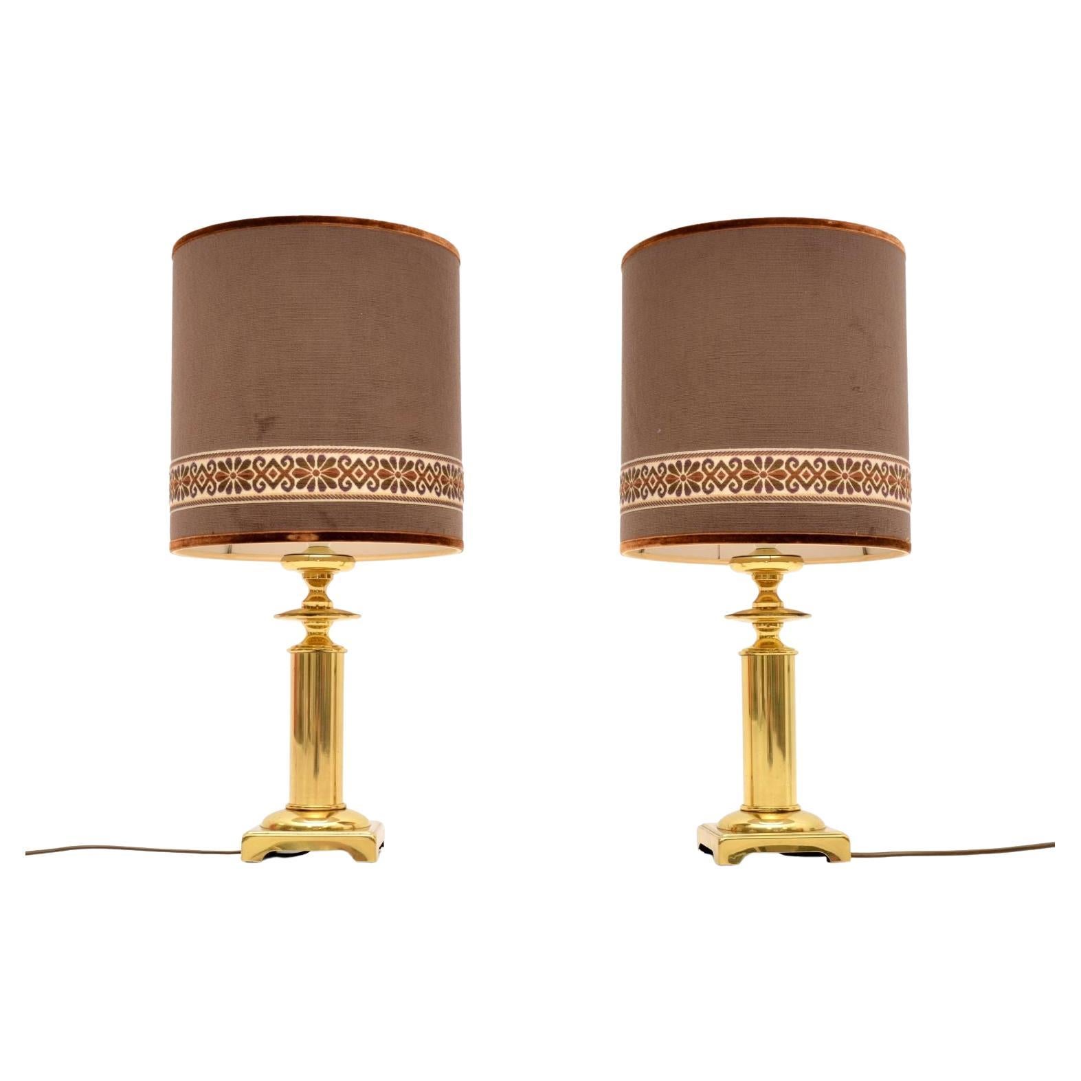 Pair of Vintage Brass Table Lamps with Velvet Shades