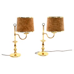 Pair of Vintage Brass Table Lamps with Velvet Shades