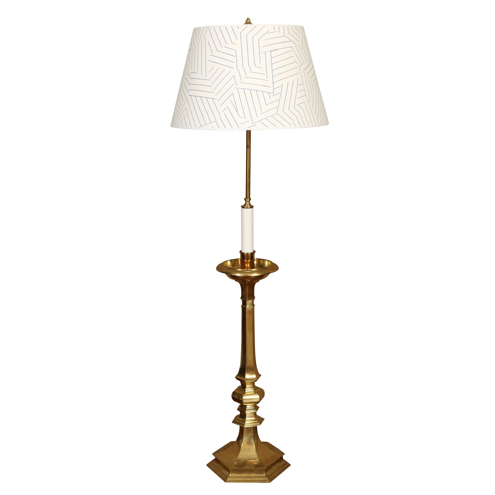 A pair of vintage brass tall candlestick lamps with hexagonal bases. Measure 48