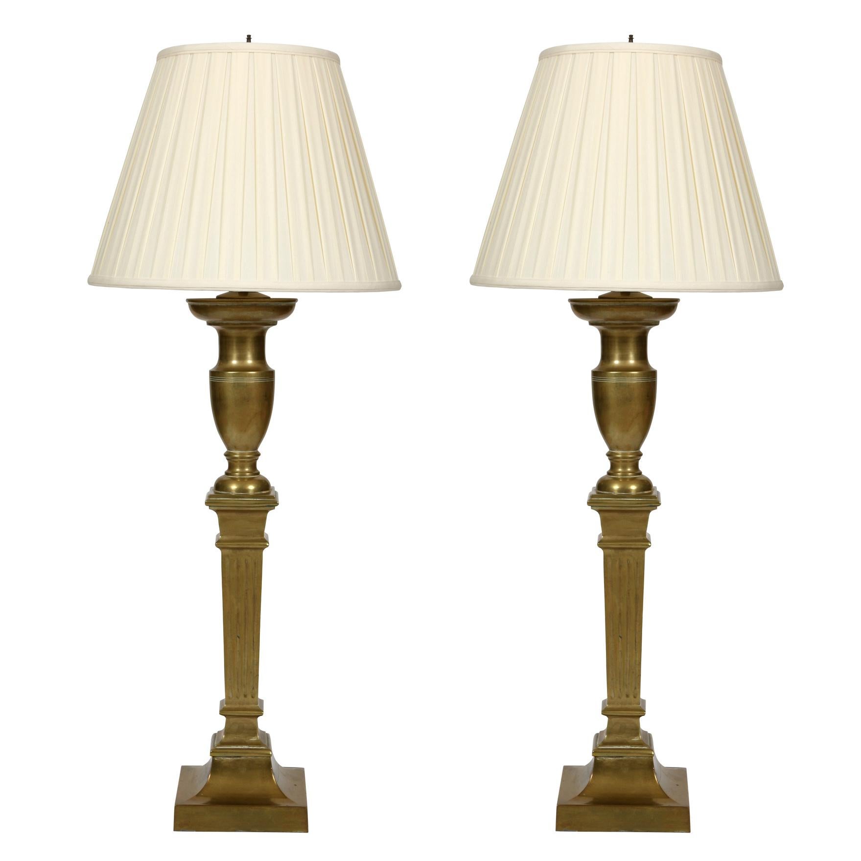 Pair of Vintage Brass Tall Columnar Lamps In Good Condition In Locust Valley, NY