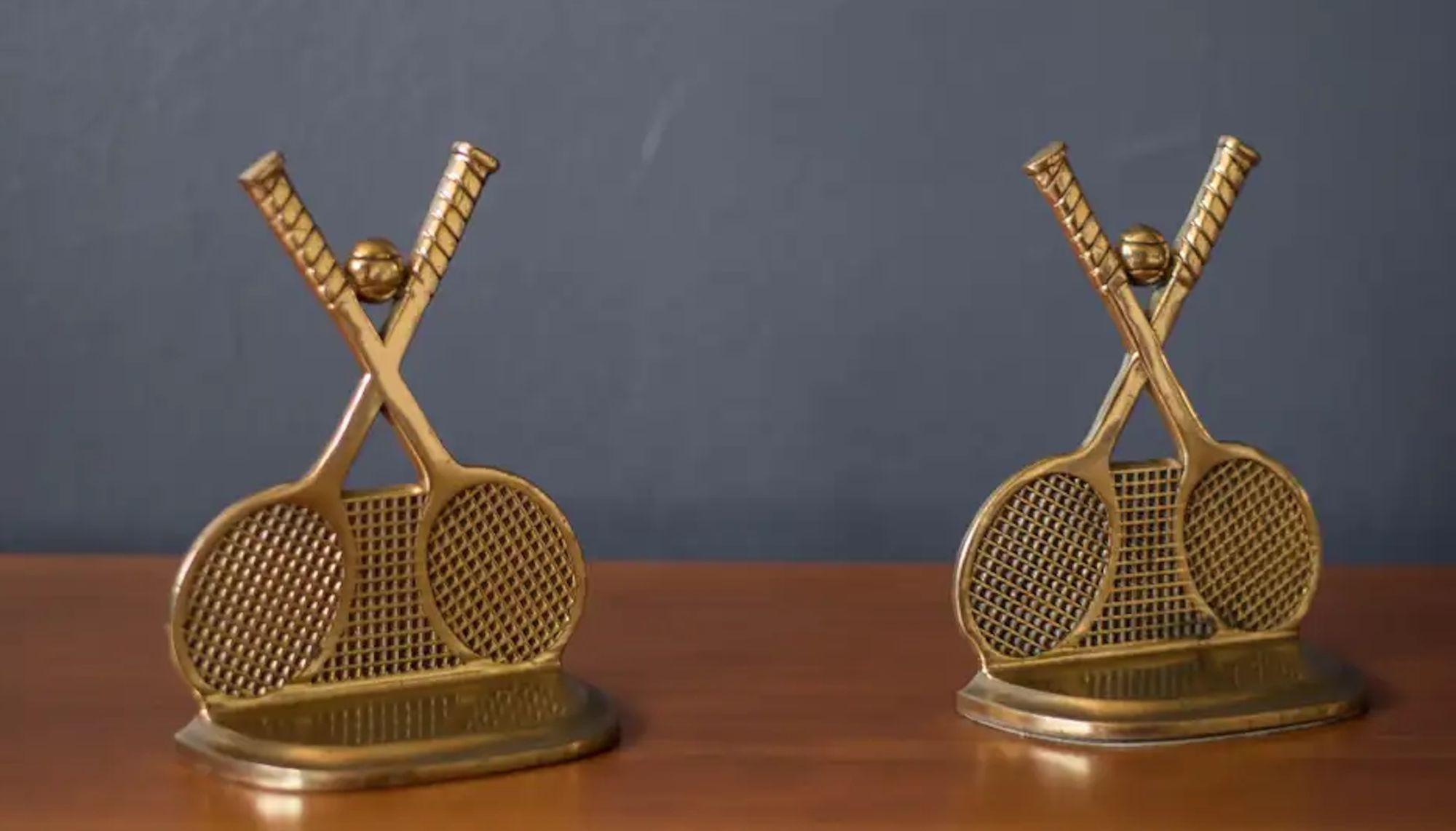 Mid-Century Modern Pair of Vintage Brass Tennis Racket and Ball Bookends