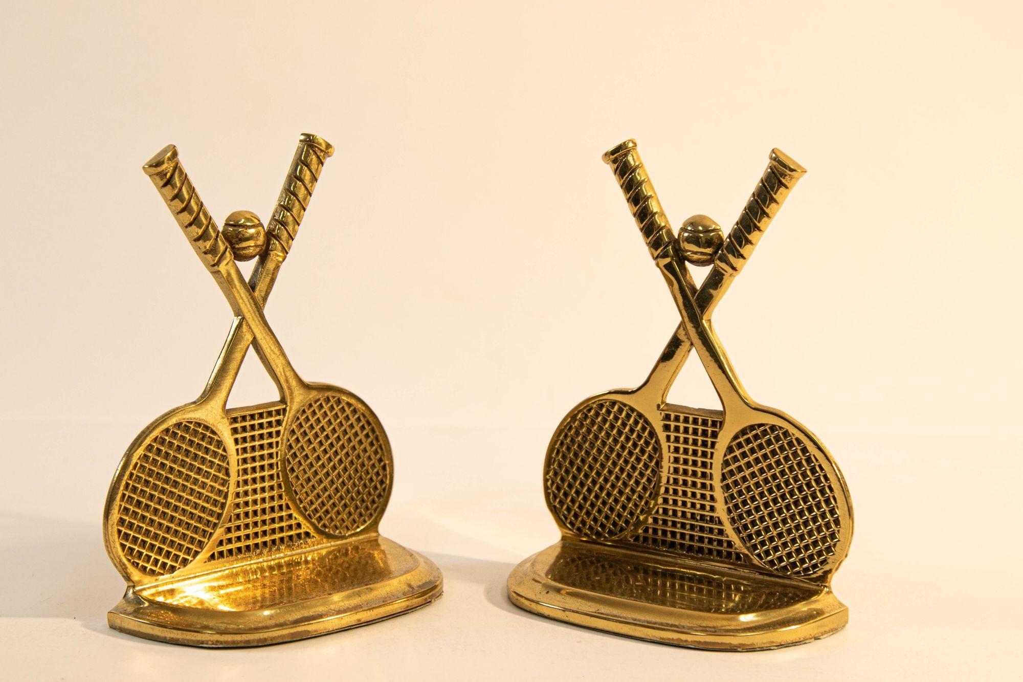 Pair of Vintage Brass Tennis Racket and Ball Bookends Vintage 1970s Collectible 3