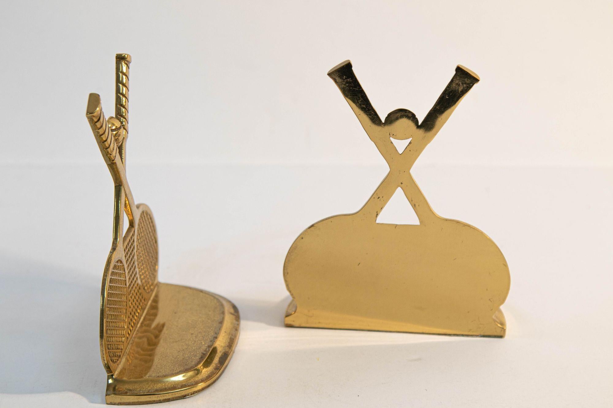 Mid-Century Modern Pair of Vintage Brass Tennis Racket and Ball Bookends Vintage 1970s Collectible