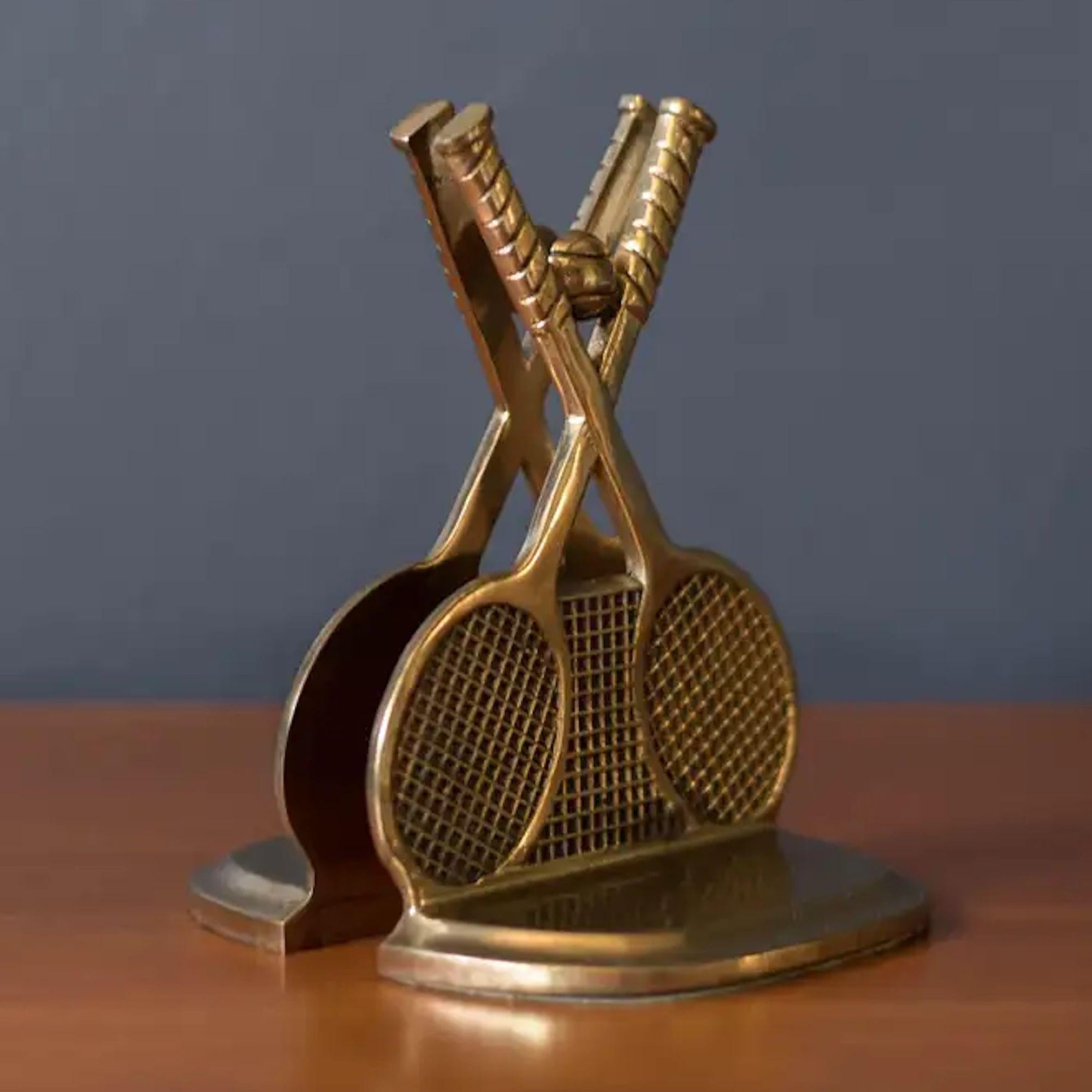 Cast Pair of Vintage Brass Tennis Racket and Ball Bookends Vintage 1970s Collectible