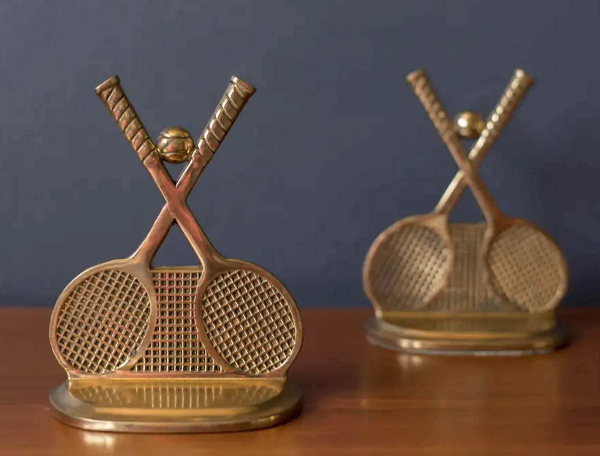 20th Century Pair of Vintage Brass Tennis Racket and Ball Bookends Vintage 1970s Collectible