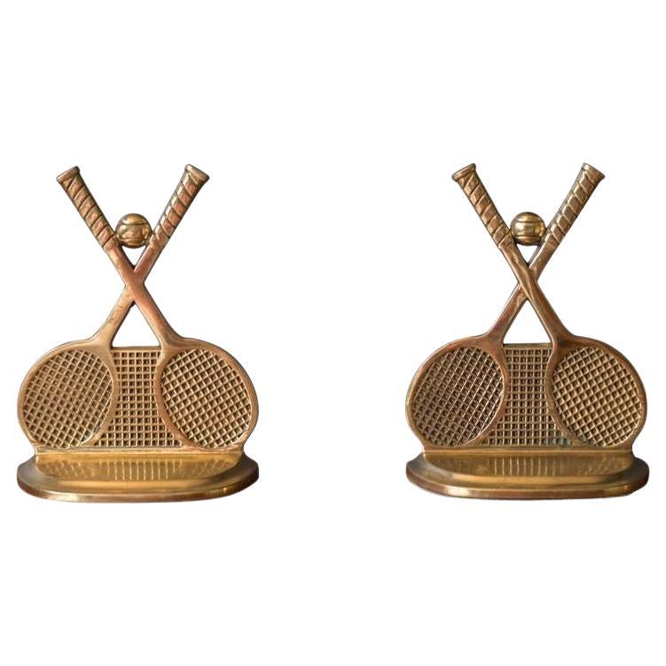 Pair of Vintage Brass Tennis Racket and Ball Bookends Vintage 1970s Collectible