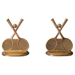 Pair of Used Brass Tennis Racket and Ball Bookends Vintage 1970s Collectible