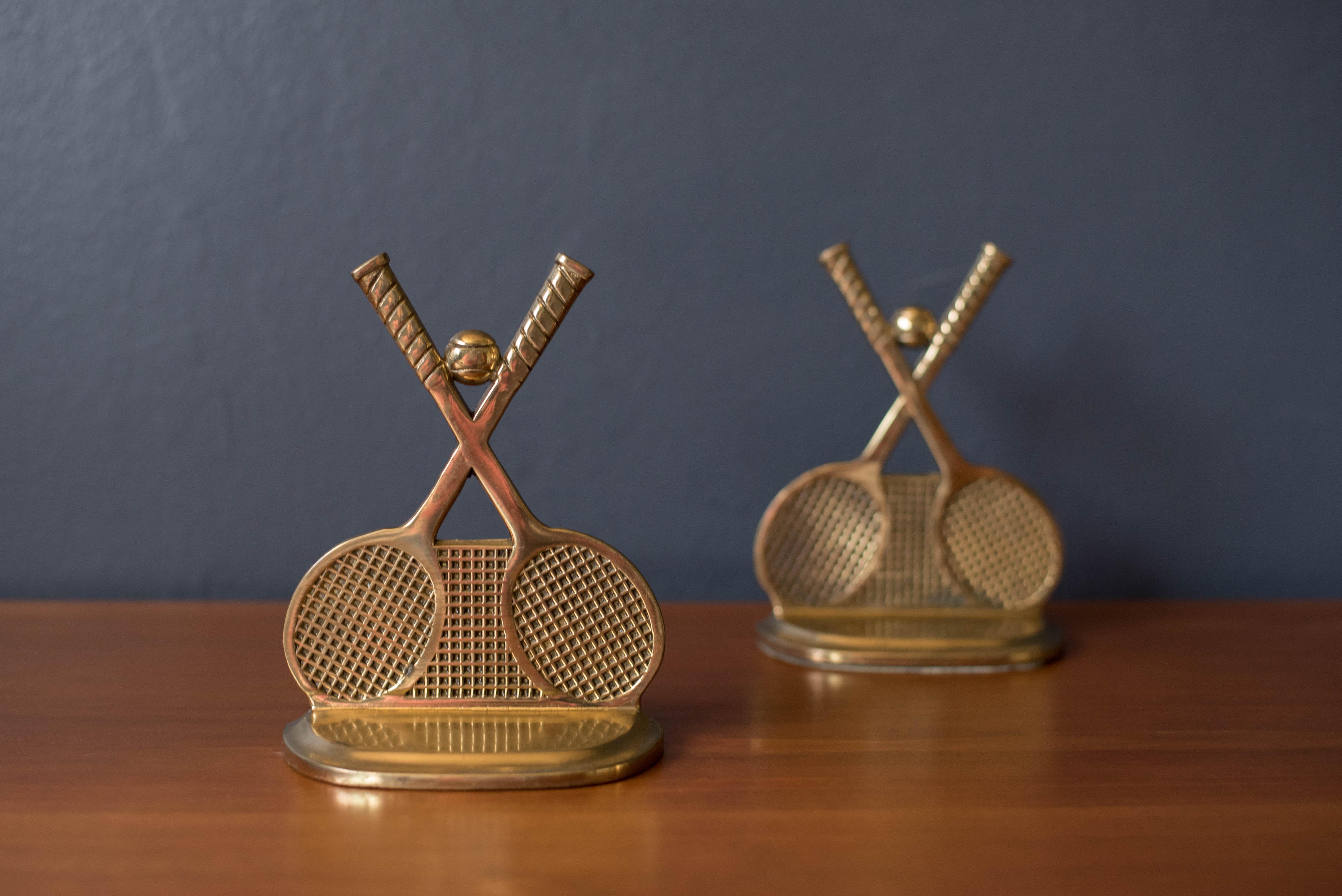 Pair of Vintage Brass Tennis Racquet Bookends In Good Condition In San Jose, CA