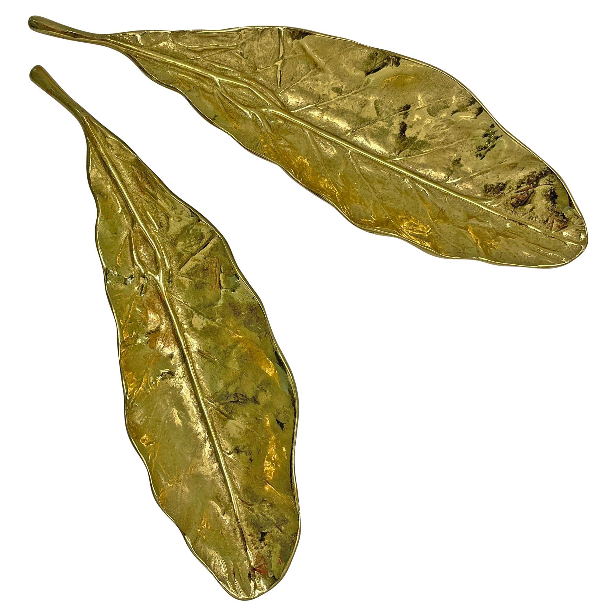 Pair of Vintage Brass Tobacco Leaf Dishes For Sale