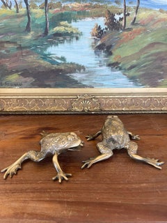 Pair of Vintage Brass Toned Crouching Frog Sculptures with Open Mouth.