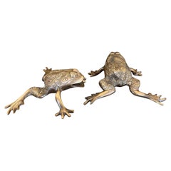 Pair of Vintage Brass Toned Crouching Frog Sculptures with Open Mouth.
