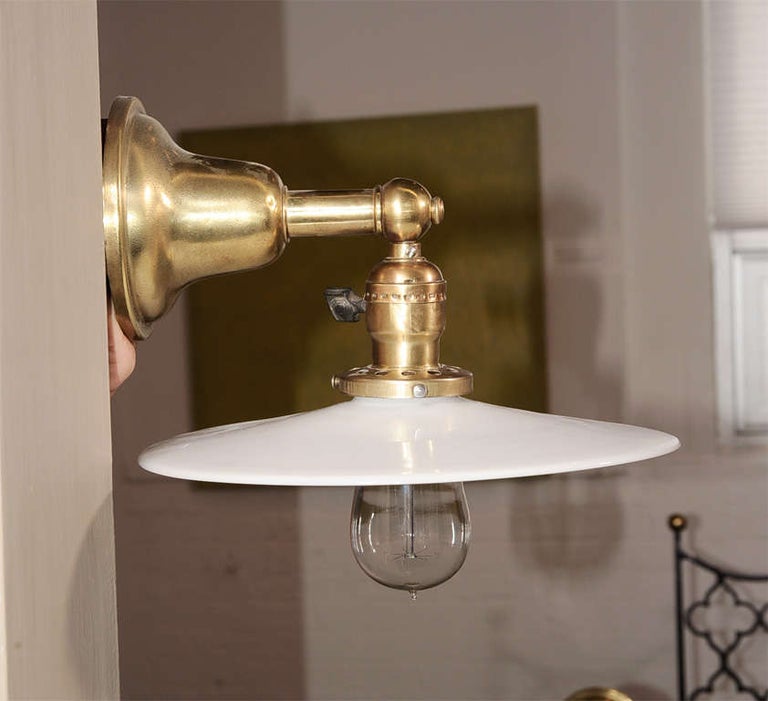 Pair of Vintage Brass Wall Lamps with Milk Glass Disk Shades at 1stDibs ...