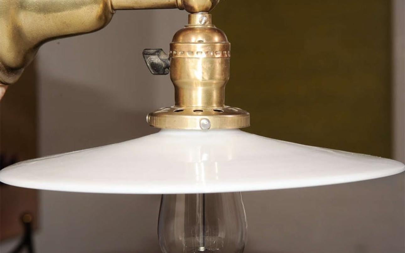 Pair of Vintage Brass Wall Lamps with Milk Glass Disk Shades In Good Condition For Sale In New York, NY