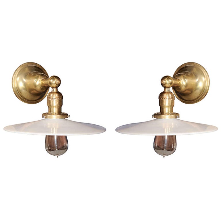 Pair of Vintage Brass Wall Lamps with Milk Glass Disk Shades at 1stDibs