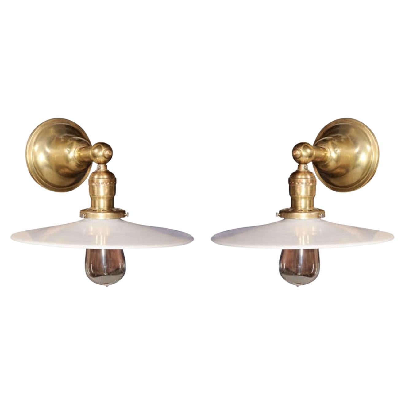 Pair of Vintage Brass Wall Lamps with Milk Glass Disk Shades For Sale