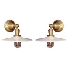 Pair of Vintage Brass Wall Lamps with Milk Glass Disk Shades