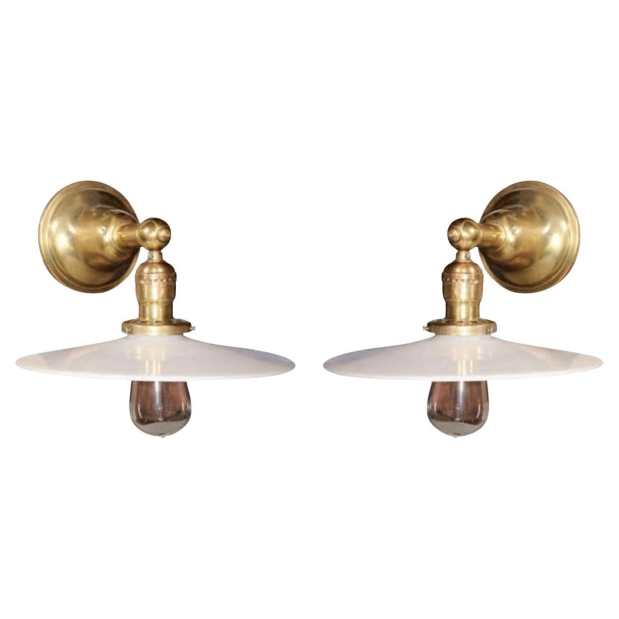 Pair of Vintage Brass Wall Lamps with Milk Glass Disk Shades