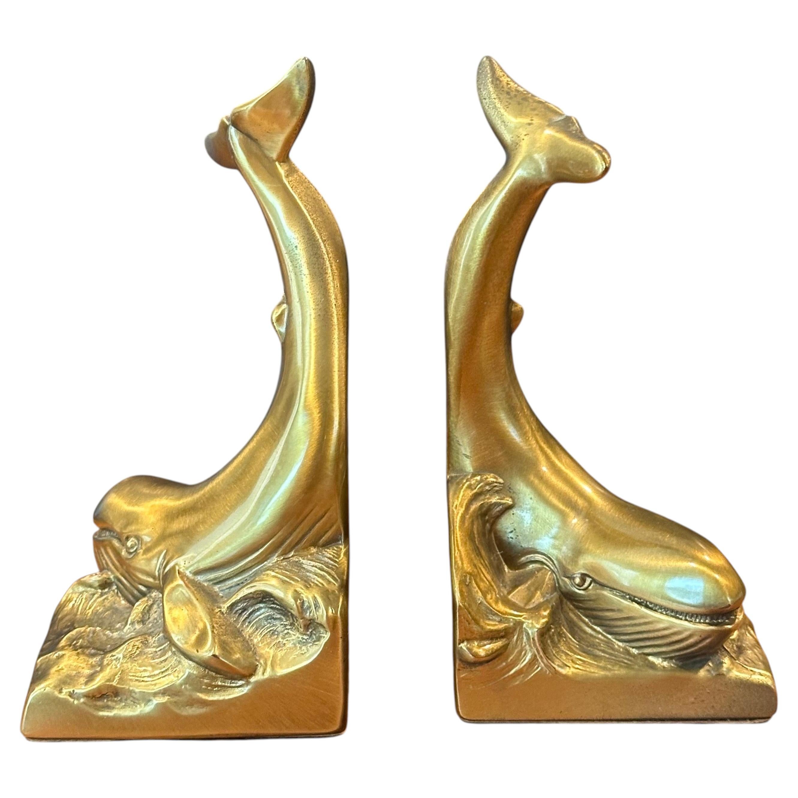 Pair of Vintage Brass Whale Bookends by P.M. Craftsman Co.