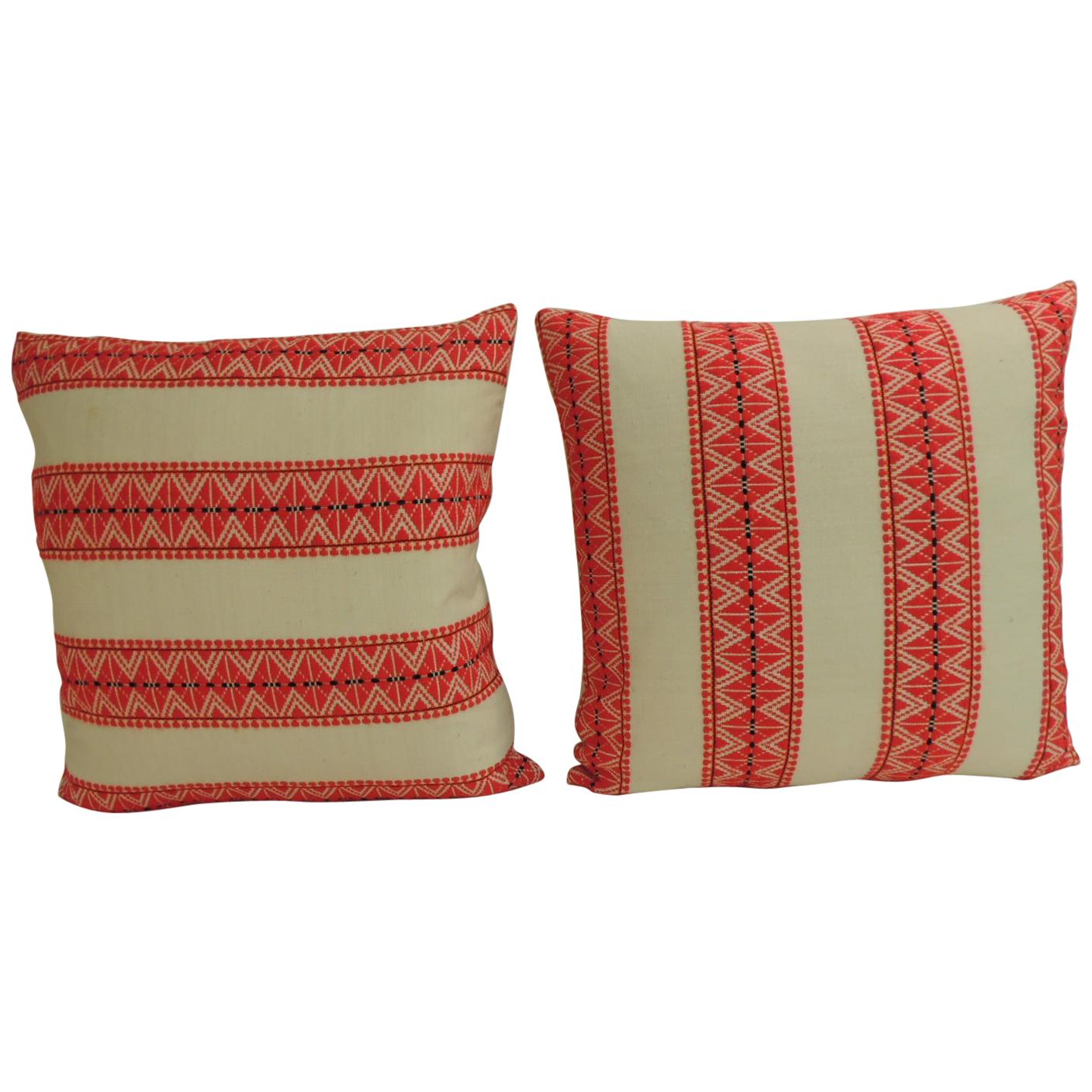 Pair of Vintage Bright Redish and Natural Woven Stripes Decorative Pillows