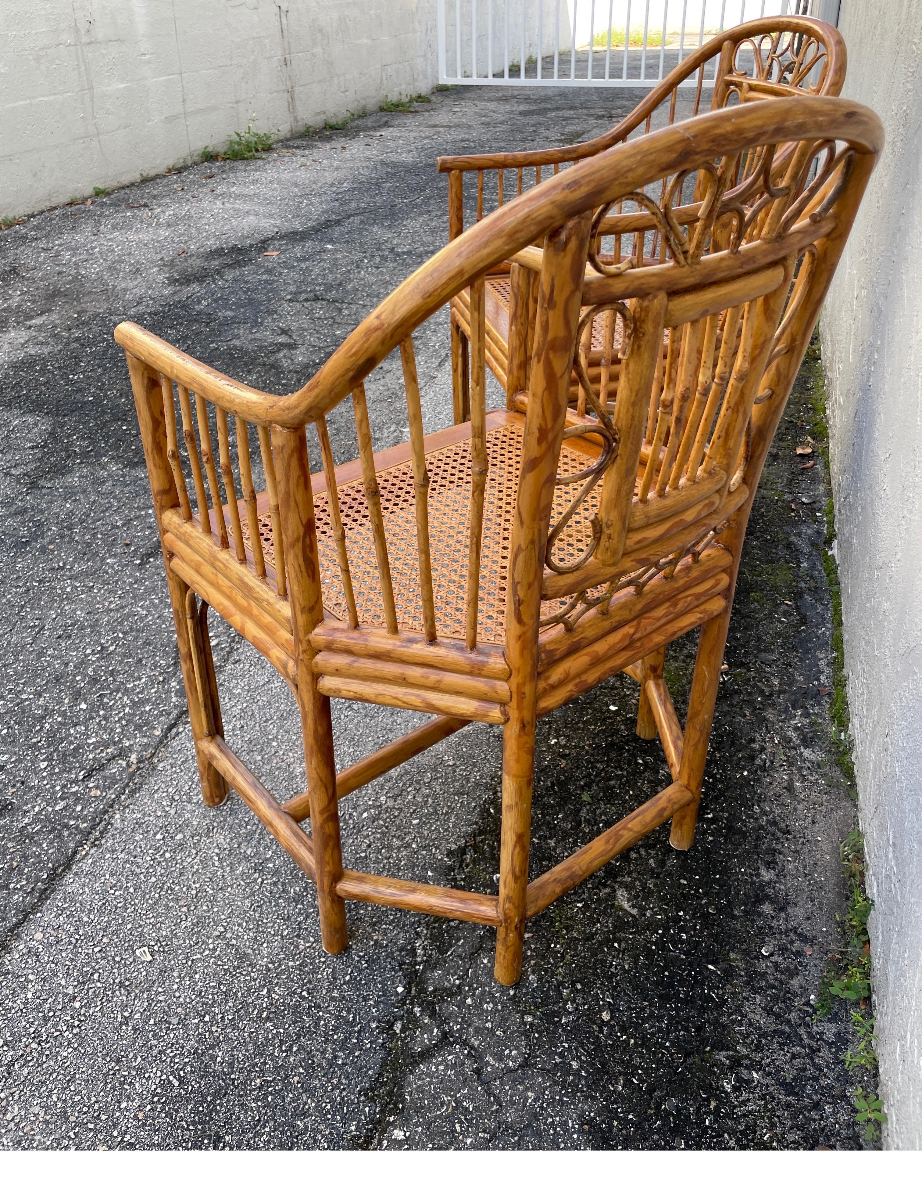 Pair of Vintage Brighton Pavilion Rattan & Burnt Bamboo Armchairs 5