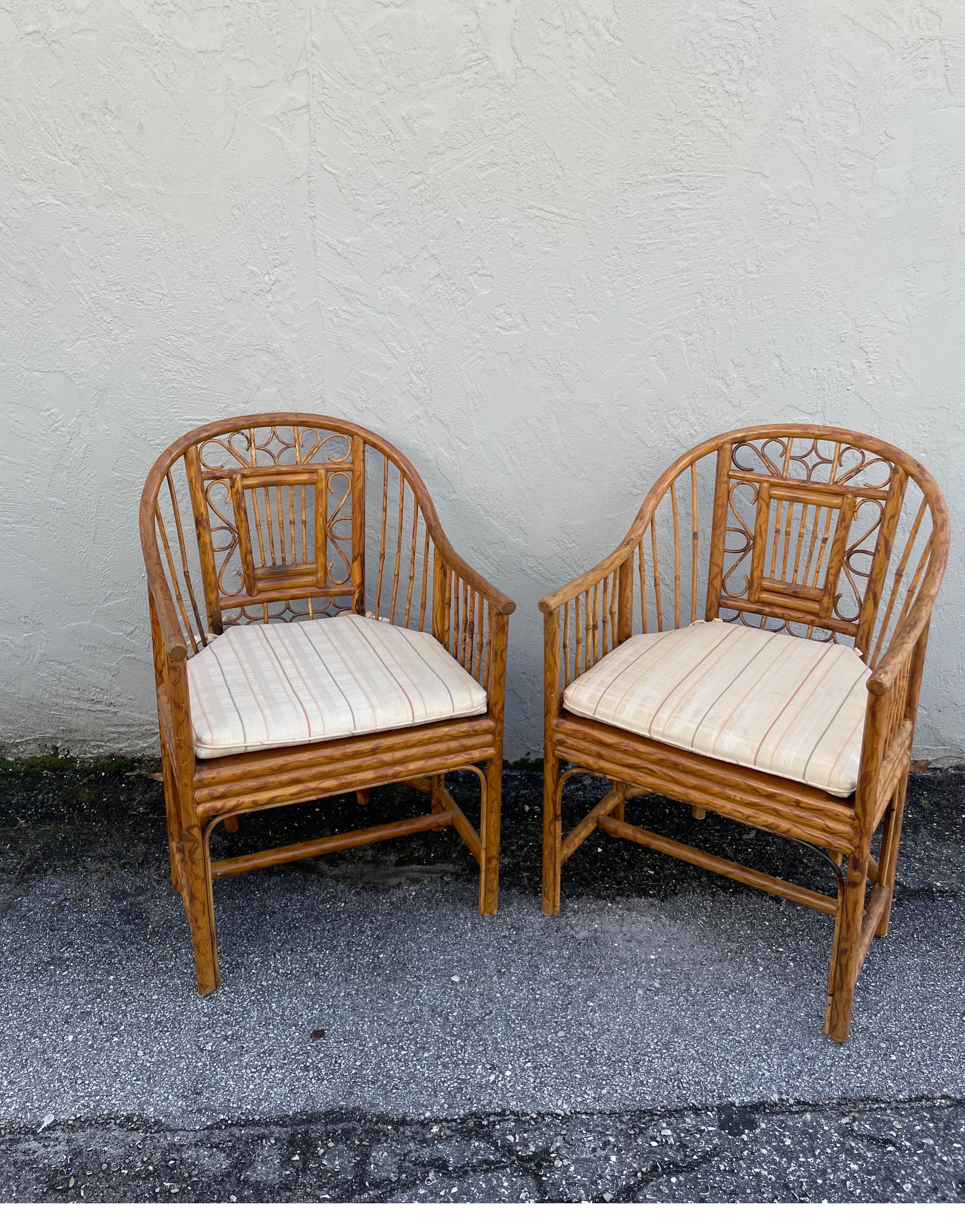 Pair of Vintage Brighton Pavilion Rattan & Burnt Bamboo Armchairs 8