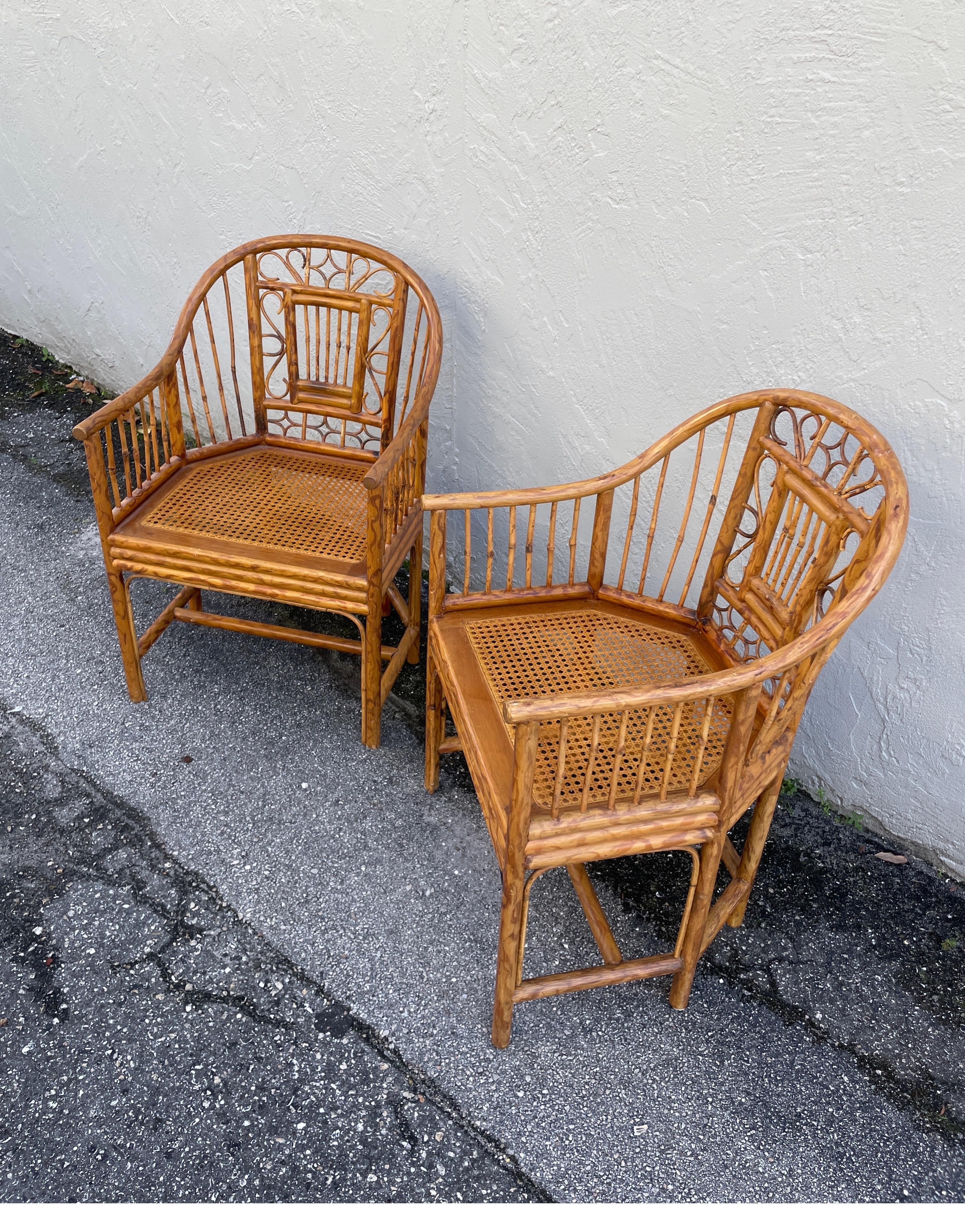 Philippine Pair of Vintage Brighton Pavilion Rattan & Burnt Bamboo Armchairs