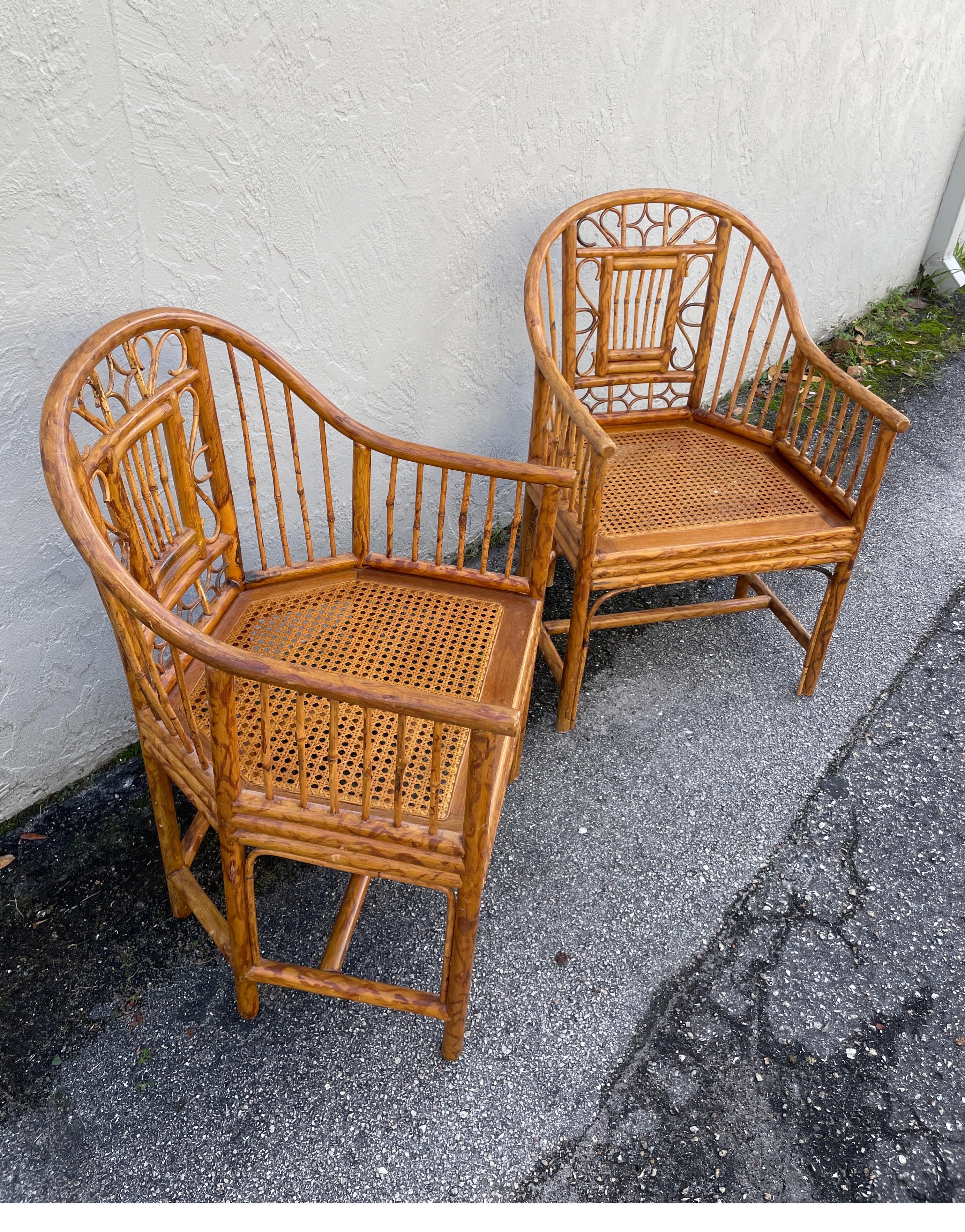 Pair of Vintage Brighton Pavilion Rattan & Burnt Bamboo Armchairs In Good Condition In West Palm Beach, FL