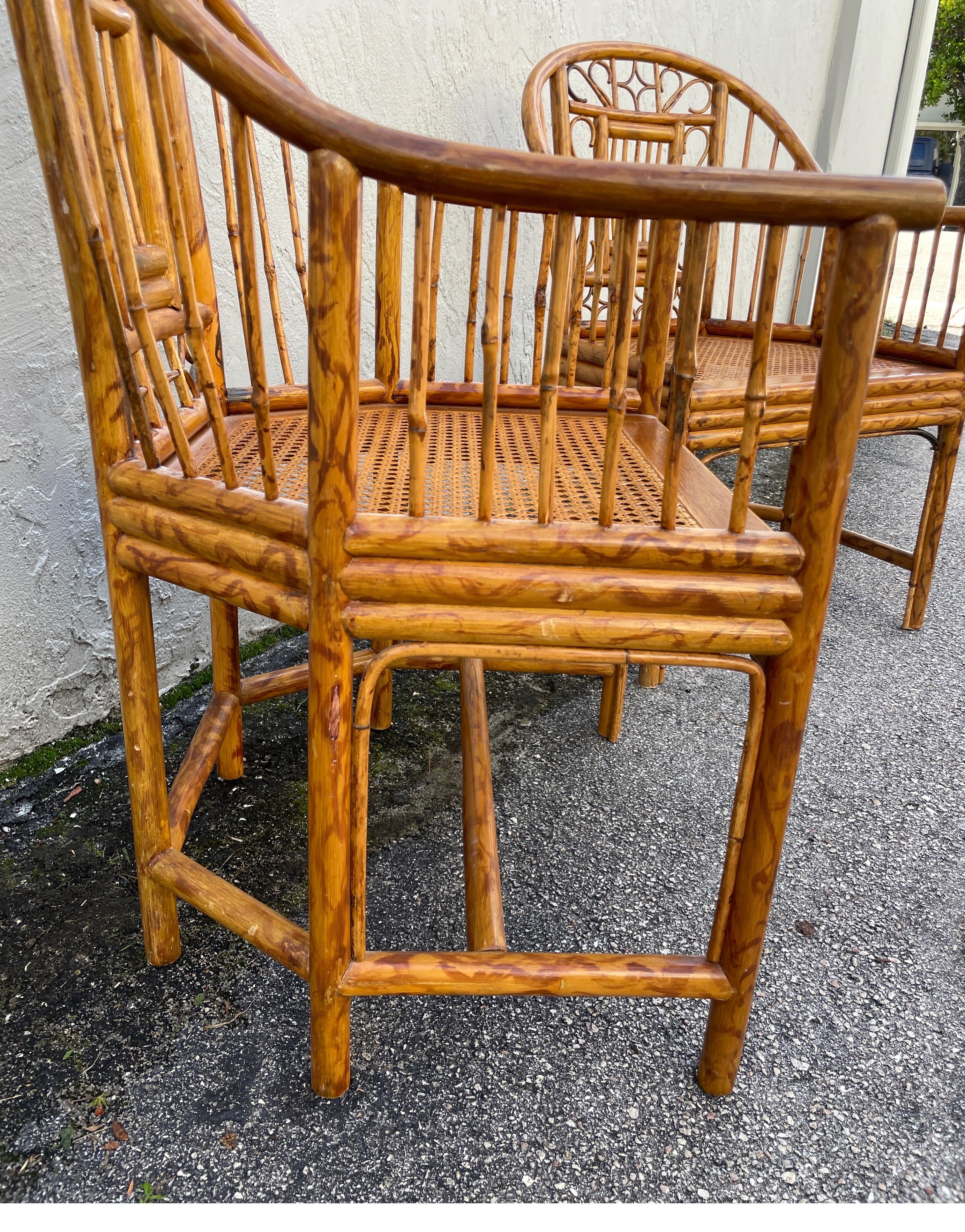 20th Century Pair of Vintage Brighton Pavilion Rattan & Burnt Bamboo Armchairs