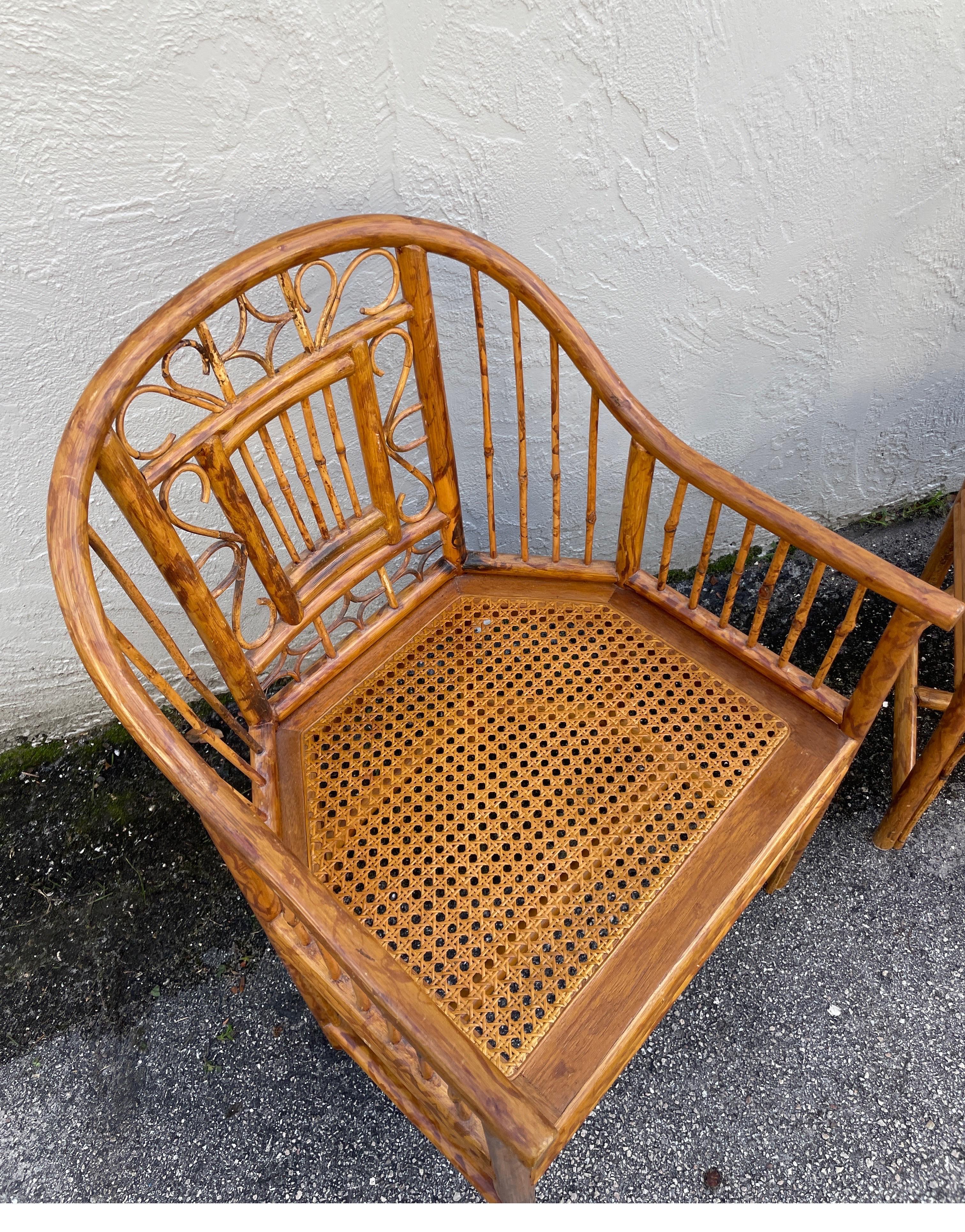 Pair of Vintage Brighton Pavilion Rattan & Burnt Bamboo Armchairs 1