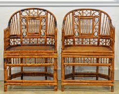 Pair of Vintage Brighton Pavilion Style Chinoiserie Burnished Bamboo Armchairs