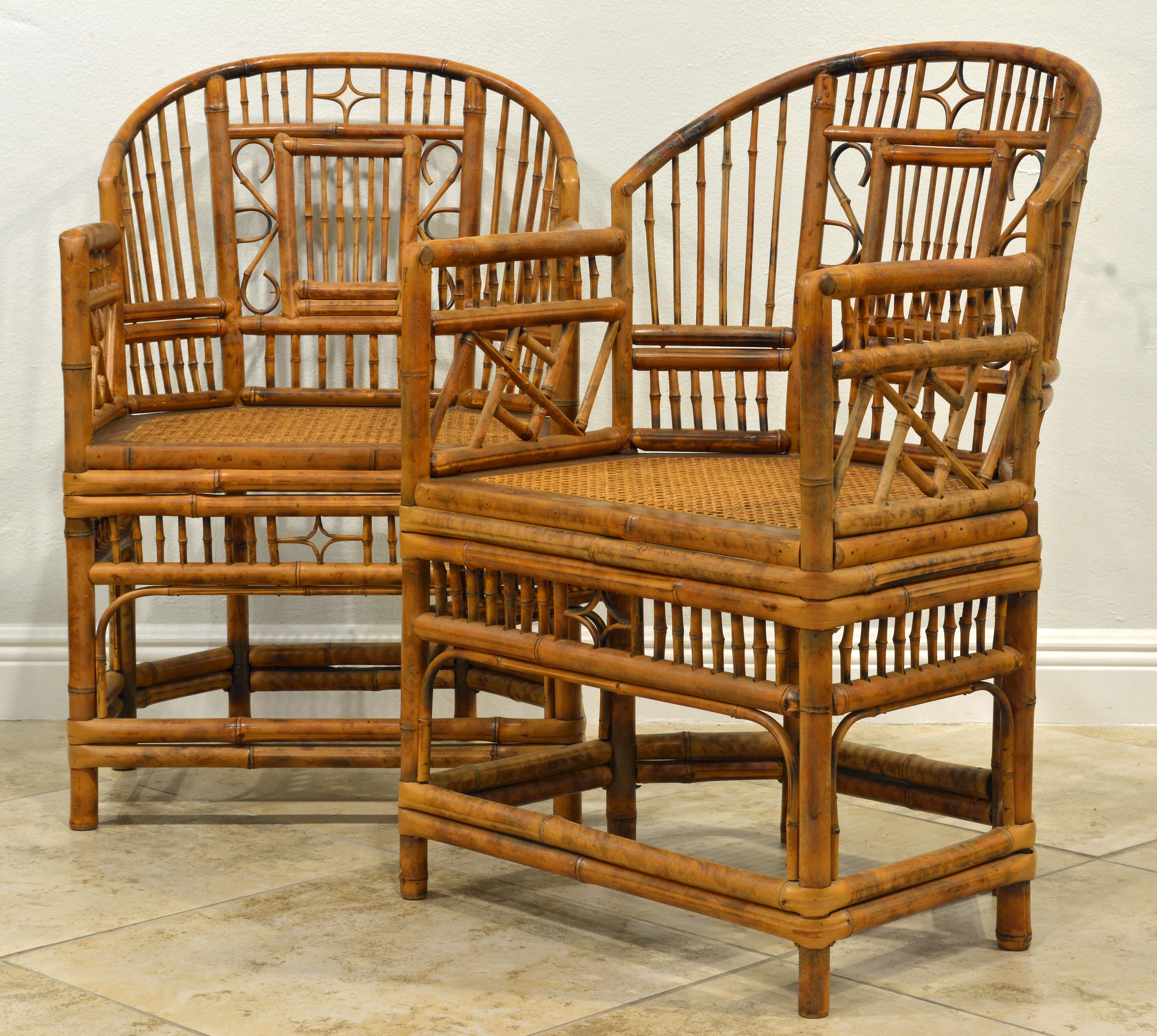 Chinese Chippendale Pair of Vintage Brighton Pavilion Style Chinoiserie Chippendale Bamboo Armchairs