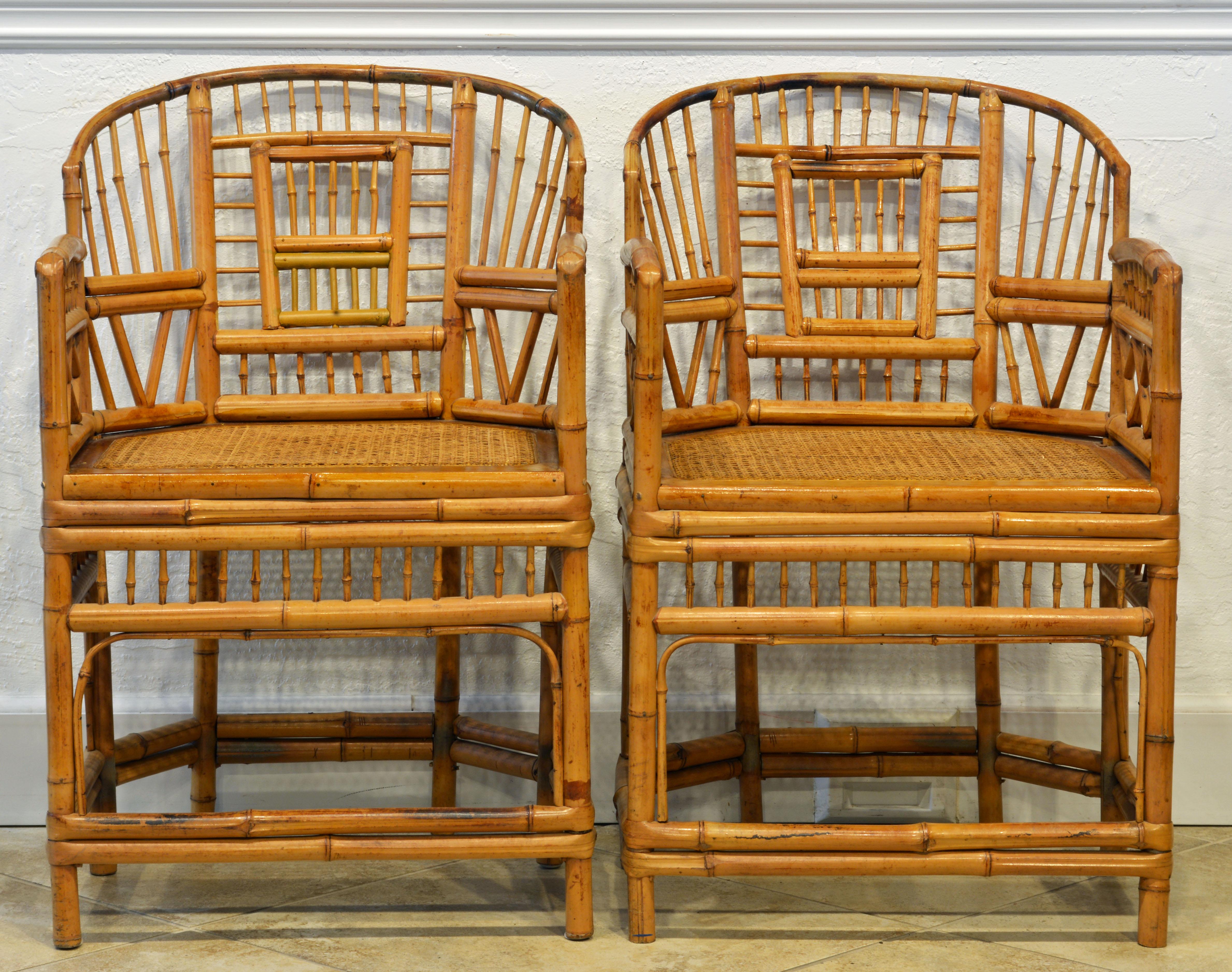 Chinese Chippendale Pair of Vintage Brighton Pavilion Style Chinoiserie Chippendale Bamboo Armchairs