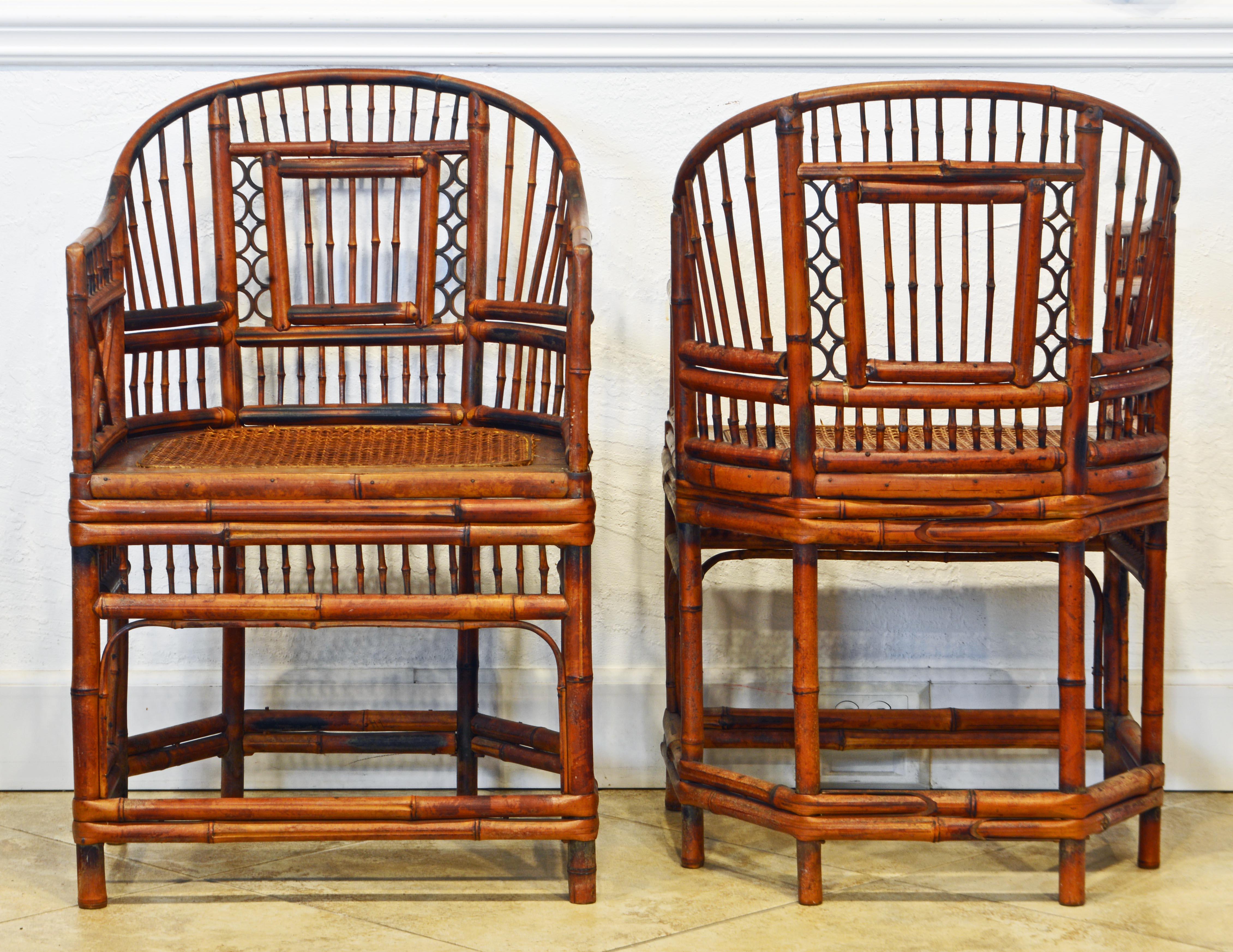 Asian Pair of Vintage Brighton Pavilion Style Chinoiserie Chippendale Bamboo Armchairs
