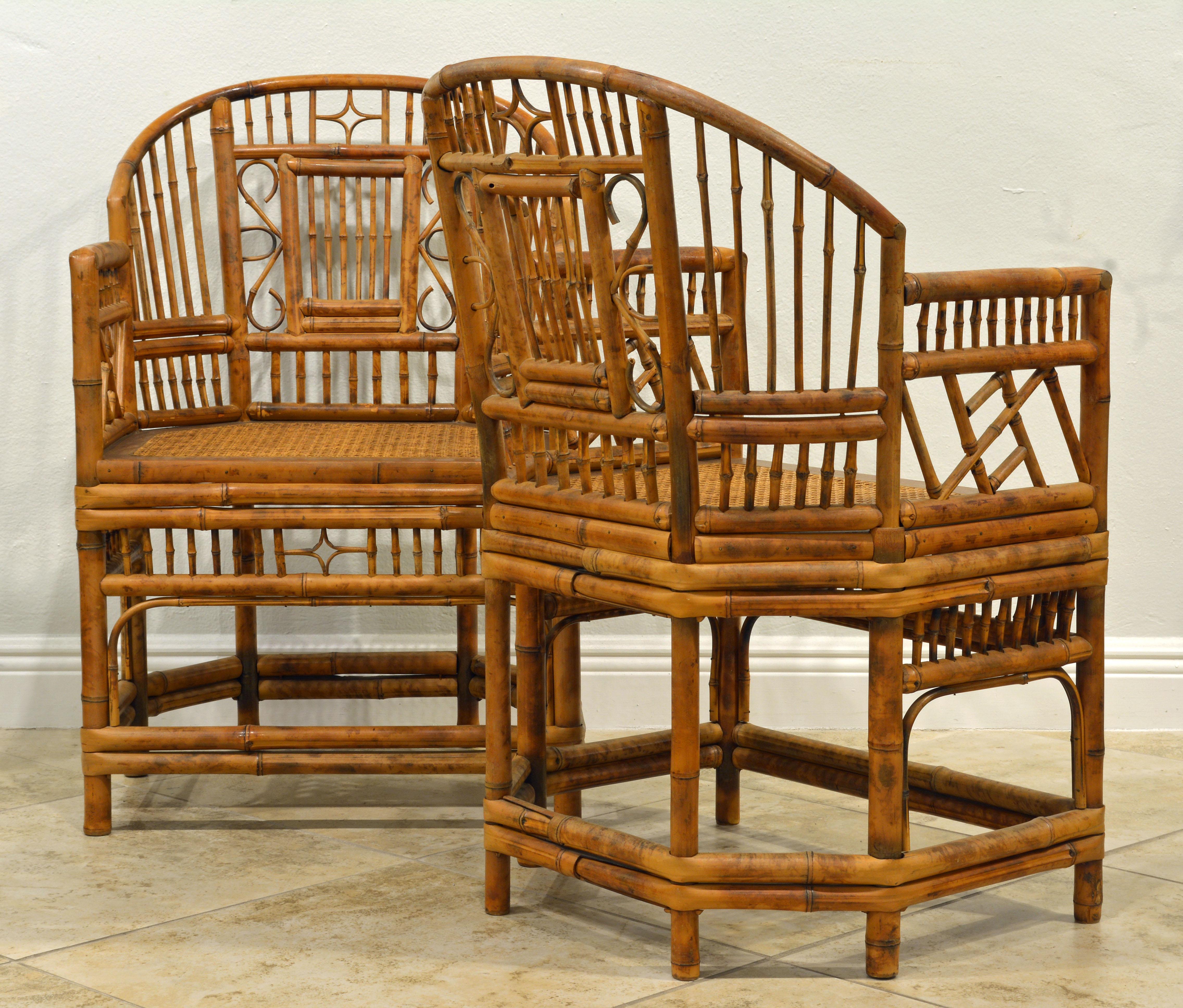 Chinese Pair of Vintage Brighton Pavilion Style Chinoiserie Chippendale Bamboo Armchairs