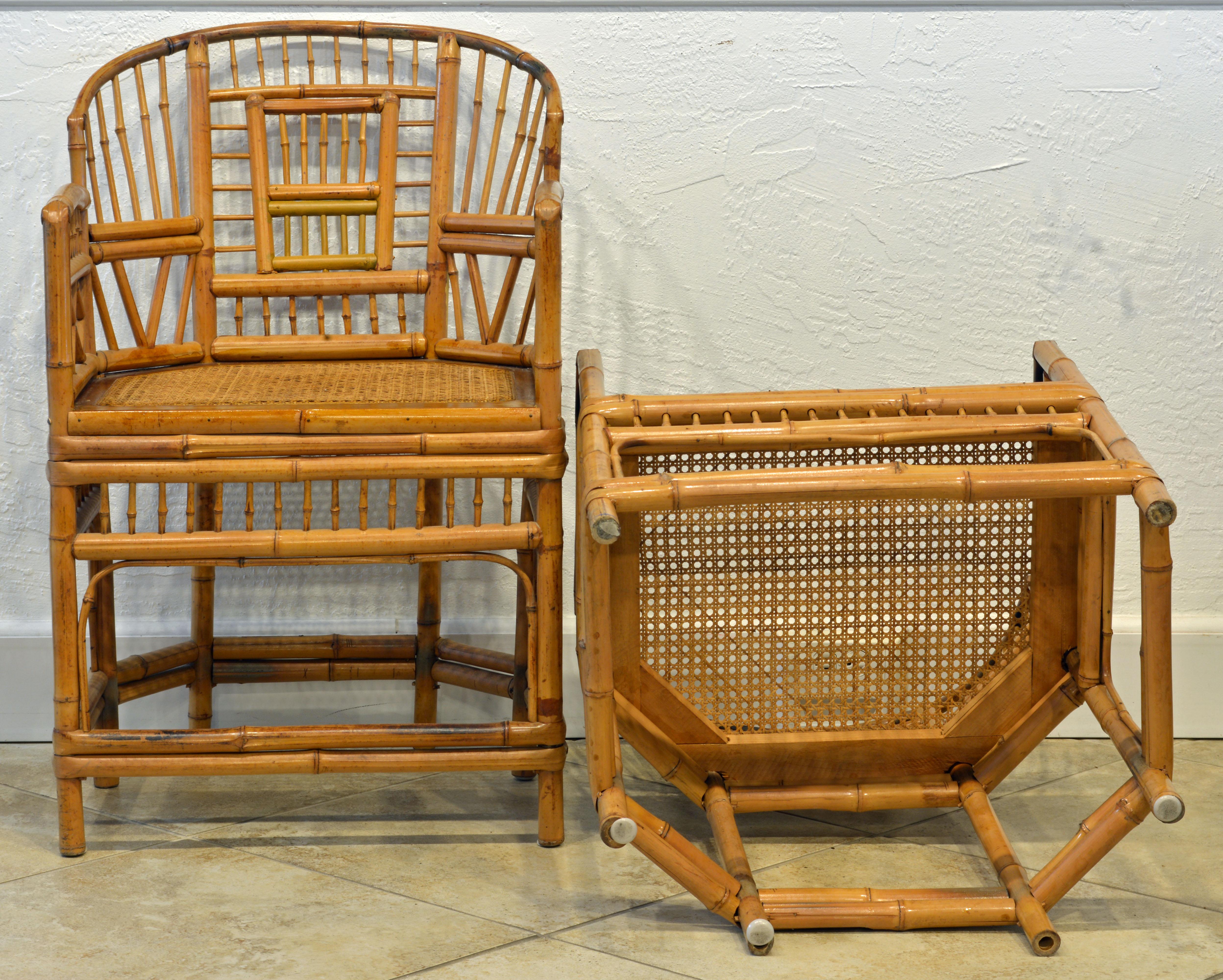 Chinese Pair of Vintage Brighton Pavilion Style Chinoiserie Chippendale Bamboo Armchairs