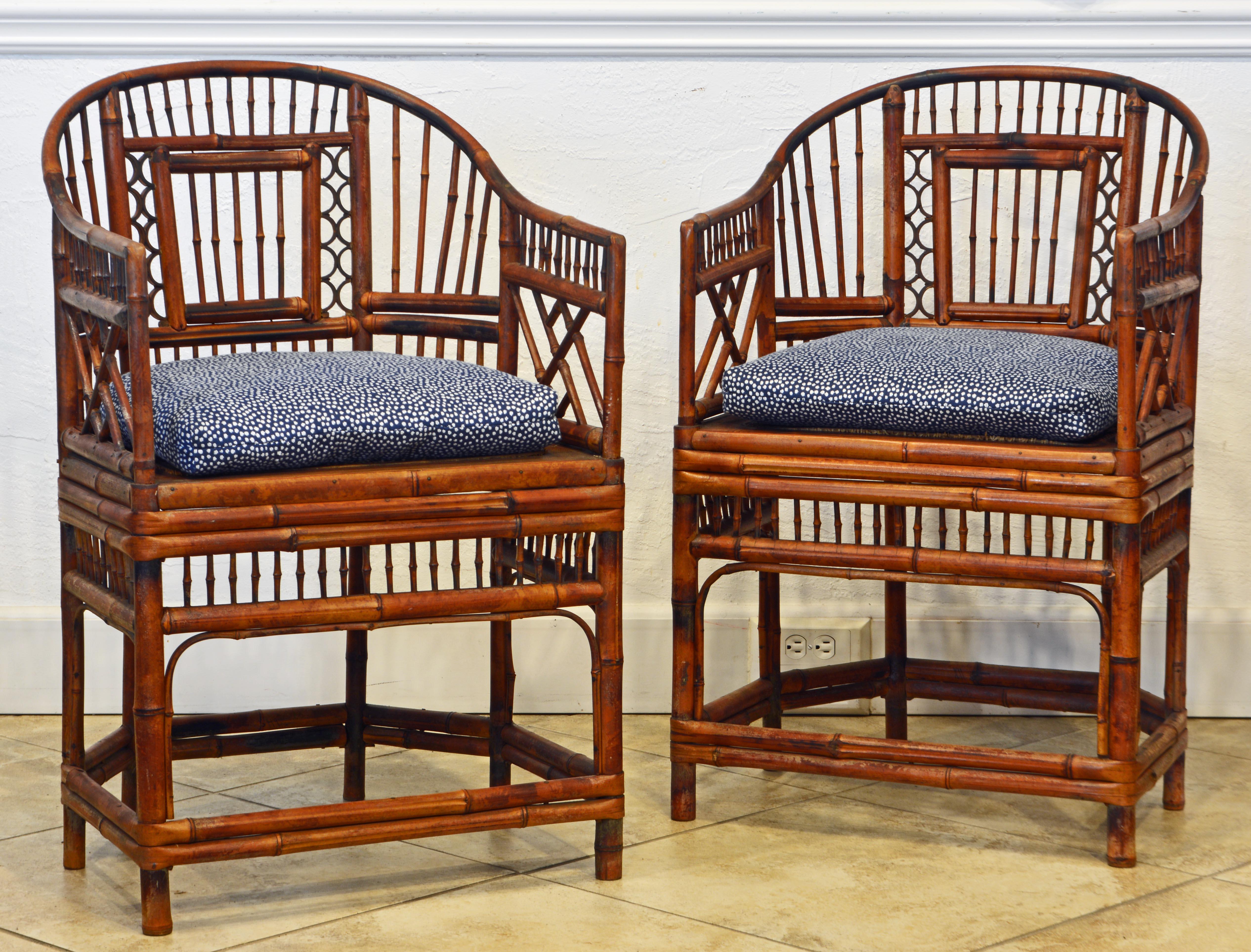 20th Century Pair of Vintage Brighton Pavilion Style Chinoiserie Chippendale Bamboo Armchairs